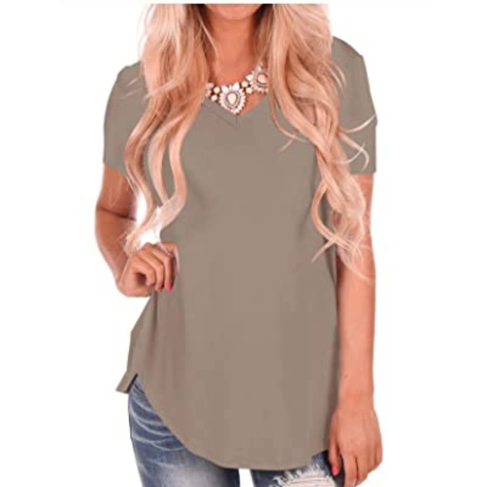NIASHOT Womens Loose Fit V Neck Blouse in Camel